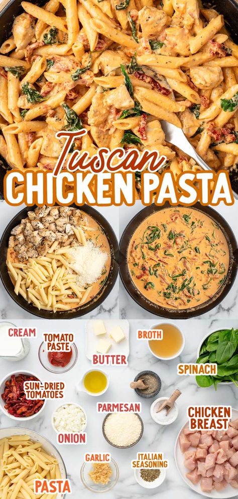 Tuscan Chicken Pasta Recipe Chicken Tuscan Pasta Recipes, Easy Dinner Recipes Single Serving, Italian Dinner Recipes Pasta, Tucson Chicken Pasta, Salsa Chicken Pasta, Dinner Friday Night, Easy Meals Chicken Breast, Dinner For 2 Ideas Easy Healthy, Two Person Meals Recipes