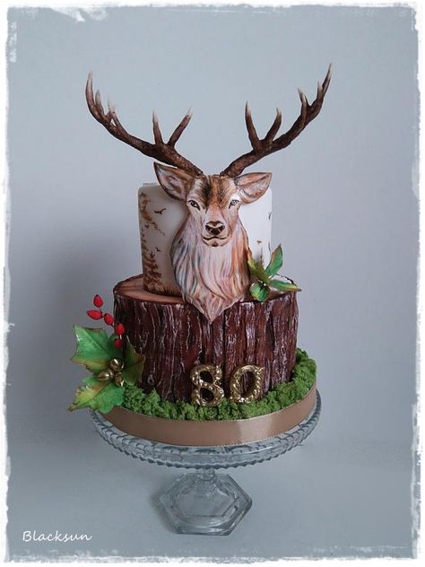 Hand painted deer by Blacksun Deer Cake For Men, Hunter Cake Ideas, Deer Hunter Cake, Elk Cake, Buck Cake, Deer Birthday Cake, Cake Hunter, Deer Hunting Cake, Hunting Birthday Cakes