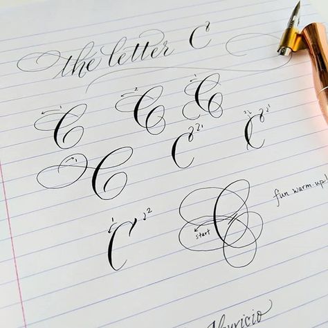 Here are several variations on the letter C that I hope you enjoy trying! Keep 'oval' in mind as you write the first several. The last C is… Calligraphy Inspiration, Pointed Pen Calligraphy, Calligraphy Lessons, The Letter C, Cursive Calligraphy, Calligraphy Drawing, Pretty Letters, Copperplate Calligraphy, Hand Lettering Drawing