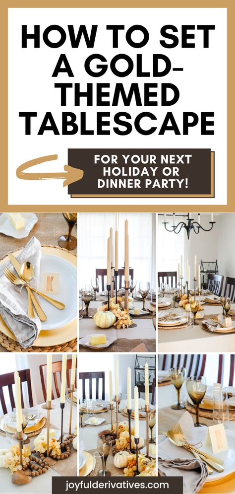 Take the time this holiday season to set a fancy table for your next dinner party. This tutorial will show you how to create a gold-themed tablescape that is simple, yet still stylish and cozy. Be sure to follow for more tips on creating the perfect Thanksgiving or Christmas feast! Gold Thanksgiving Table, Thanksgiving Table Settings Simple, Christmas Dining Table Decor, Gold Table Setting, White Table Settings, Fancy Table, Friendsgiving Dinner, Christmas Dining Table, Table Setting Inspiration