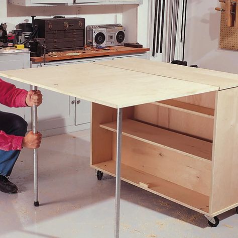 Diy Folding Table, Closet Workshop, Workbench With Storage, Wood Edging, Fold Out Table, Folding Workbench, Diy Workbench, Workbench Plans, Large Shelves