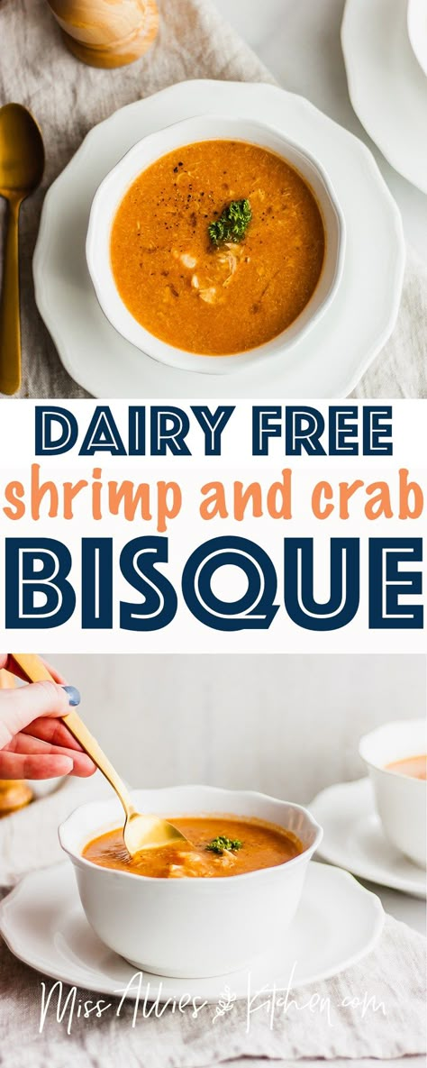 Dairy Free Shrimp and Crab Bisque - one of the most decadent dairy free recipes you can make. This bisque can be a side dish or a meal! We use coconut milk and tomato paste to create a rich color and flavor. This would be the perfect entertaining recipe and makes a great healthy soup option chock full of seafood! #dairyfree #seafood #shrimp #crab #bisque #dairyfreebisque #glutenfree #soup Shrimp And Crab Bisque, Seafood Bisque Recipe, Seafood Soups, Shrimp Bisque, Seafood Shrimp, Bisque Soup, Dairy Recipes, Crab Bisque, Seafood Bisque