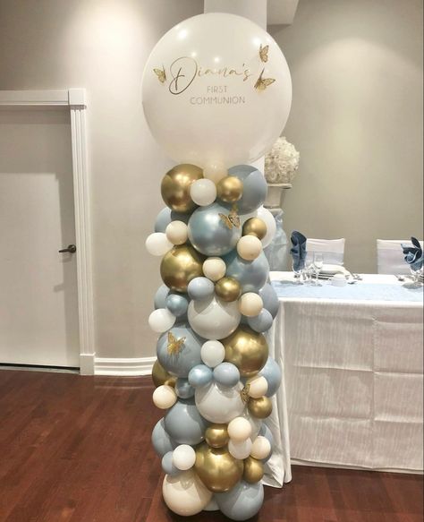 First Communion Balloon Decorations, Communion Balloon Arch, Communion Balloon Decor, First Communion Balloons, Baptism Balloons, Communion Balloons, Dedication Balloon Decor, Confirmation Balloon Decor, Light Blue And Gold Balloon Arch