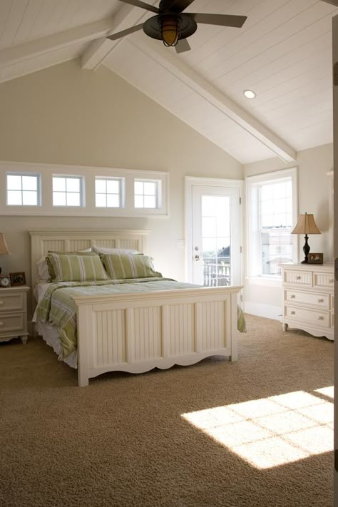 Love the Vaulted paneled ceiling & the window placement. So sick of having windows hidden by headboard! Vaulted Bedroom, Window Above Bed, Vaulted Ceiling Bedroom, Bedroom Addition, Desain Pantry, Bedroom Remodel, Bedroom Window, Master Decor, Home Addition