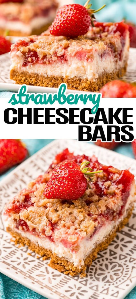 Delish Strawberry Cheesecake Bars, Frozen Strawberry Bars, Strawberry Recipes With Fresh Strawberries, Easy Fruity Dessert Recipes, Recipes To Use Up Strawberries, Strawberry Bars Recipes Cake Mixes, Recipes That Use A Lot Of Strawberries, Strawberry Cobbler Cheesecake, Easy Cheesecake Squares