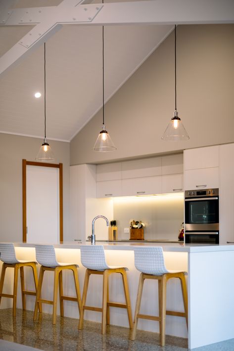 High Ceiling Kitchen Lighting, Kitchen Symmetry, Angled Wall Decor Sloped Ceiling, Sloped Ceiling Kitchen, Angled Wall Decor, Sloped Ceiling Lighting, Stable Conversion, Contemporary White Kitchen, Attic Kitchen