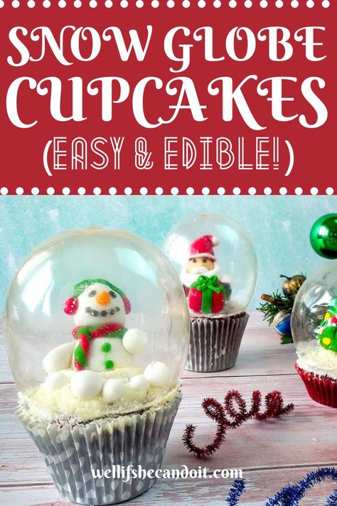 Take your Christmas cupcakes to the next level with this awesome and easy decorating trick! These adorable snow globes are easier to make then you might think, and they're completely edible. Make them for your next Christmas party! Christmas Cupcakes Snowglobe, Cupcake Snow Globe, Snow Globe Cupcakes Gelatin Bubbles, Isomalt Snow Globe Cookies, Snow Globe Dessert, Snow Globe Cookies How To Make, Snowglobe Christmas Cookies, Sugar Glass Recipes, Ugly Sweater Cupcakes