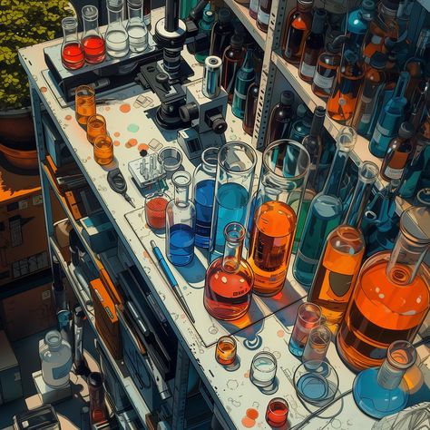 Wonders of Chemistry in the lab! 🧪🔬 #science #chemistry #lablife #research #potions #art #style #digital #digitalart #digitalartwork #fypシ #fyp Laboratory Cartoon Background, Material Science Aesthetic, Pfp Science, Chemistry Anime, Science Lab Drawing, Laboratory Painting, Potions Art, Laboratory Illustration, Laboratory Art