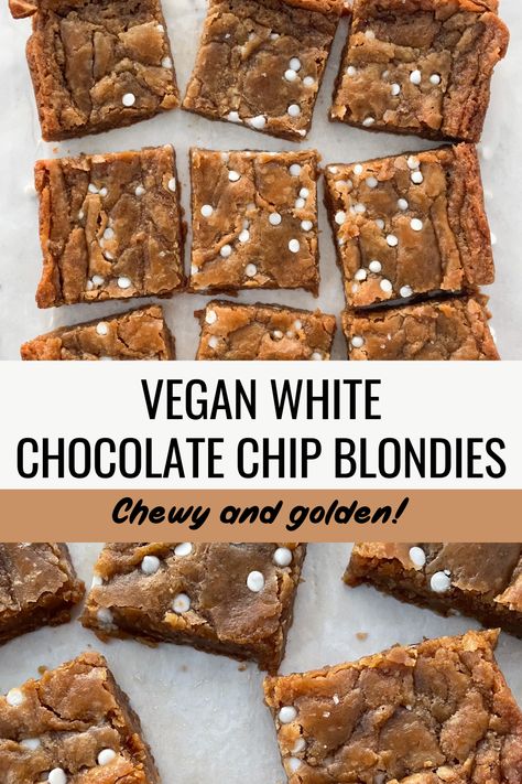 Indulge in the ultimate vegan blondie recipe – irresistibly chewy, fudgy, and buttery! These plant-based blondie bars are bursting with rich butterscotch-vanilla flavor and studded with mini white chocolate chips. Plus, you won’t need a mixer to whip up this wickedly easy treat. Vegan Gluten Free Blondies Recipe, White Chocolate Blondie, White Bean Blondies Vegan, Vegan Blondie, Vegan Blondies, Blondie Bars, Blondie Recipe, Best Vegan Desserts, Lenten Recipes