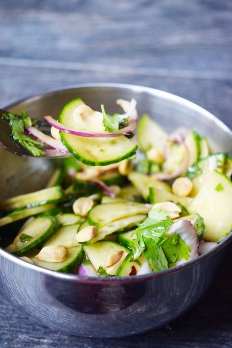 This Thai cucumber salad is a refreshing side dish, topped with crunchy peanuts for a delicious, crunchy, texture. Thai Cucumber Salad Recipe, Thai Restaurant Menu, Cucumber Salad Dressing, Thai Cucumber, Thai Cucumber Salad, Cucumber Salad Recipe, Cucumbers And Onions, Cucumber Sandwiches, Cucumber Recipes Salad