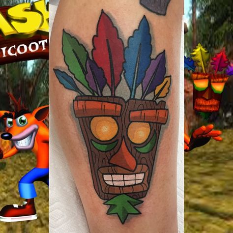 Aku Tattoo, Aku Aku Tattoo, 90s Baby Tattoo, Crash Bandicoot Tattoo, Cowboy Bebop Tattoo, Tattoos Disney, Nintendo Tattoo, Video Game Tattoos, Apple Tattoo