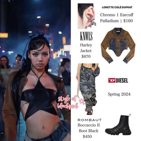 Lisa Money Outfit, Parkchaeyoung Blackpink, Lisa Coachella, Jessica Alexander, Coachella Fits, Harley Jacket, Blackpink Closet, Lisa Rockstar, Star Outfit