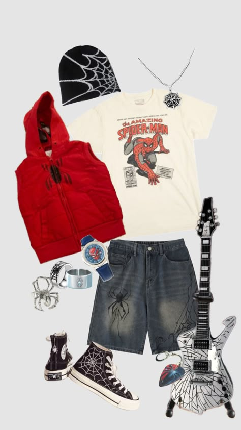 Punk Aesthetic Outfit, Men Aesthetic Outfits, Spiderman Outfit, Denim Diy Clothes, Baggy Outfit Ideas, Punk Style Outfits, Fits Aesthetic, Street Fashion Men Streetwear, Future Outfit