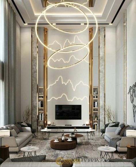 High Ceiling Living Room Decorating Ideas | Living Room Wall Decorating Ideas | Home Decor Double Height Ceiling Design Modern, Double Height Tv Wall Design, Backdrop Tv Luxury, Double Height Wall Design Modern, Double Height Living Room Modern, Tv Backdrop Design, درج السلم, Double Height Living Room, Console Unit