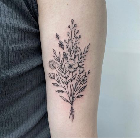 Bundle Of Wildflowers Tattoo, Wildflower Tattoo Bicep, Wild Flowers Tattoo Design, Wildflower Shoulder Tattoo, Wildflower Bouquet Tattoo, Wheat Tattoo, Grandma Tattoo, Grandma Tattoos, Everyday Princess