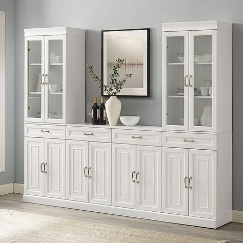 Functional and beautiful cabinet set. All cabinets have double doors, magnetic closures, and concealed hinges. Use as a pantry or incorporate into your TV room as a modified built in entertainment center. Glass Door Pantry, Pantry Dimensions, Large Cabinets, Wood Entertainment Center, Dining Room Sideboard, White Sideboard, Large Cabinet, Value City Furniture, Home Office Storage