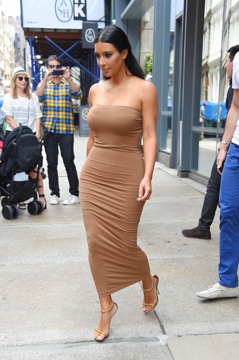 Kim's tan glows against this tanned-hued spandex dress.   - MarieClaire.com Nude Outfit, Kim Kardashian Wedding, Fall Color Trend, Kardashian Makeup, Kim Kardashian Makeup, Kim Kardashian Hair, Gala Gowns, Gala Gown, Nude Outfits