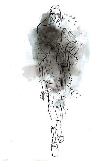 Rick Owens spr. 2015 by Lara Wolf #fashion #illustration Fashion Illustration Face, Fashion Illustration Collage, Draw Fashion, Fashion Illustrations Techniques, Illustration Techniques, Tinta China, Fashion Design Portfolio, Fashion Drawings, Fashion Sketchbook