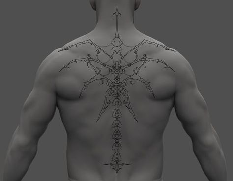 Gothic Spinal Tattoo, Cybersigil Leg Tattoo, Cybersigil Tattoo Back, Centipede Spine Tattoo, Spinal Tattoo For Men, Sandevistan Tattoo, Back Tattoos For Guys Spine, Simple Back Tattoo, Cybersigil Tattoo