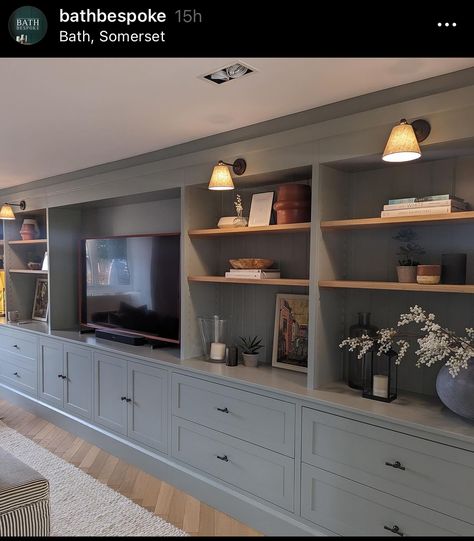 Living Room Built In Tv Cabinet, Living Room Built In Paint Colors, Diy Media Wall Built Ins, Modular Tv Unit Design, Ikea Media Wall, Basement Tv Wall Ideas, Cascade House, Cheap Couches, Color In Interior Design