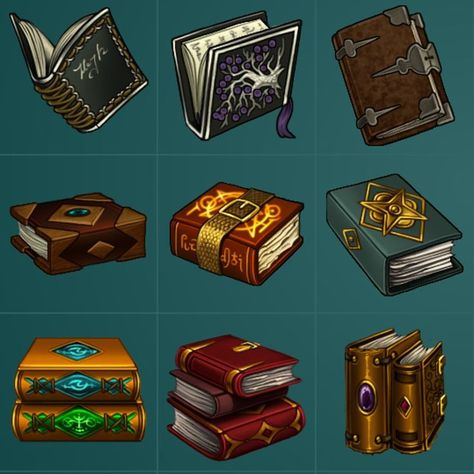 Book icons by Sylwia Smerdel on ArtStation. | Book icons, Magic book, Art reference photos Book Art Reference, Magic Book Art, Fantasy Books Magic, Magic Props, Props Art, Magical Book, Book Icons, Cool Books, Dungeons And Dragons Homebrew