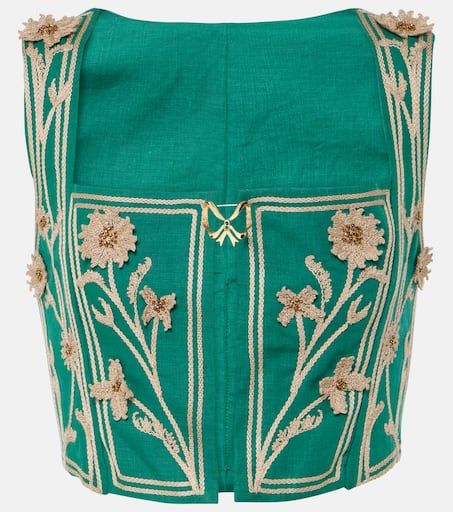 Coralina Esmeralda floral-appliqué crop top in green - Agua By Agua Bendita | Mytheresa Texture Embroidery, Fashion Course, Gilmore Girls Outfits, Leather Applique, Green Floral Blouse, Product Placement, Fashion Courses, Spring Knits, Spring Bags