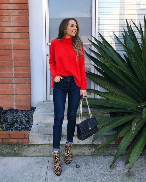 red turtleneck and leopard ankle boots | merricksart.com Fall Style Guide, Chose Outfit, Outfit Work, Boating Outfit, Red Sweater, Outfit Winter, Fall Winter Outfits, Outfits Casuales, Red Sweaters