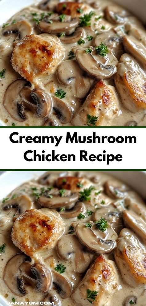 Looking for a comforting meal? This creamy mushroom chicken recipe is a delightful choice for family dinner. It's packed with rich flavors and takes only 30 minutes to prepare, making weeknight cooking a breeze. Easy Meals With Mushrooms, Creamy Baked Chicken Recipes Oven, Chicken And Mushroom Recipes Instant Pot, Creamy Mushroom Chicken And Wild Rice, Mushroom Swiss Chicken Bake, Chicken Mushroom Mozzarella Recipes, Chicken Recipe With Mushrooms, Smothered Chicken With Cream Of Mushroom, Easy Chicken Mushroom Recipes