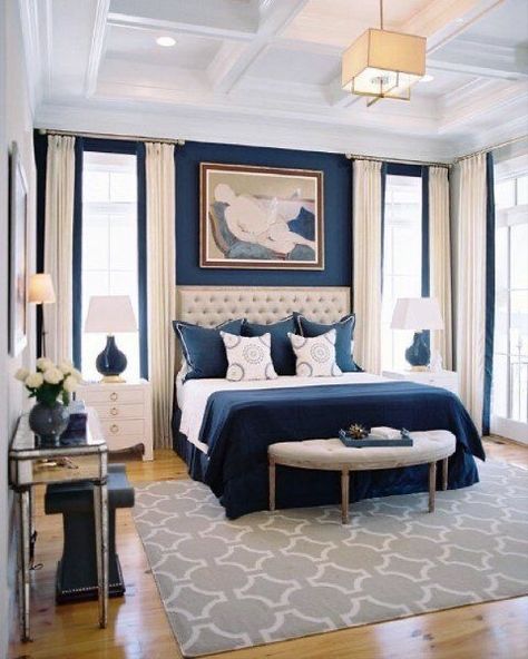 Bed Between Windows, Dark Blue Bedrooms, Blue Bedroom Design, Bedroom Ideas For Couples Modern, Blue Bedroom Decor, Transitional Bedroom, Guest Bedroom Decor, Accent Wall Bedroom, Bedroom Headboard