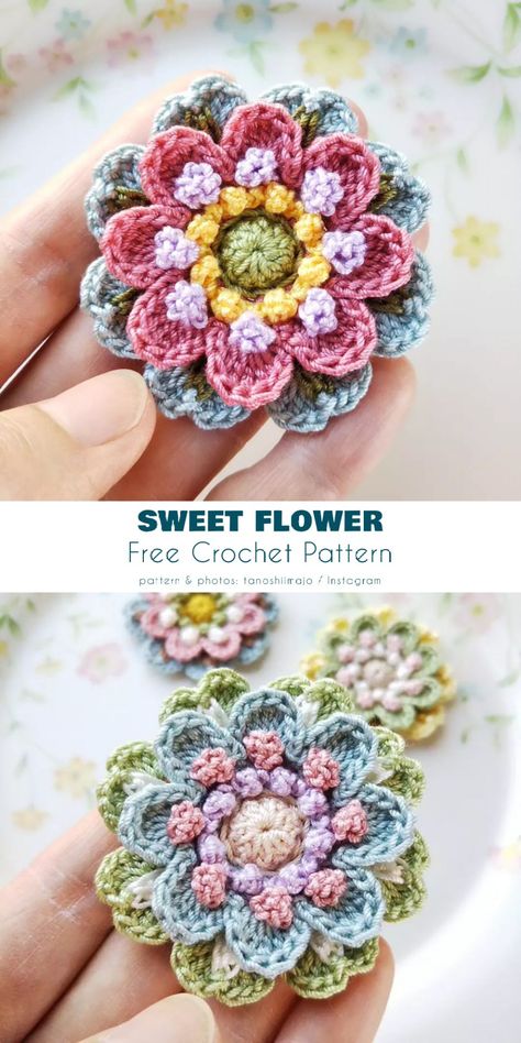 Oragami Mushrooms Step By Step, Afgan Flower Crochet Pattern, Crochet Flower Center, Making Crochet Flowers, Boho Crochet Sweater Pattern, Embroidery Flowers On Crochet, Projects With Crochet Thread, Three Color Crochet Pattern, Spring Flowers Crochet