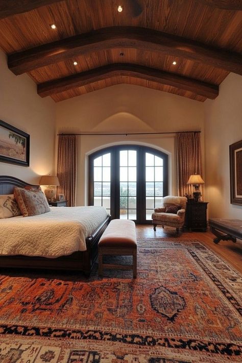 Spanish Style Home Bedroom, Meditarian Bedroom, Spanish Style Master Bed, Spanish Villa Interior Bedroom, Spanish Villa Bedroom, Spanish Bedroom Design, Modern Tuscan Bedroom, Spanish Style Bedroom Master Suite, Modern Spanish Bedroom