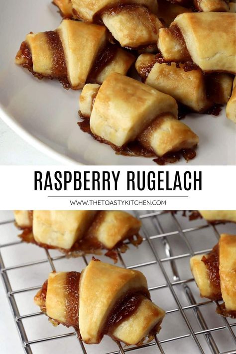 Raspberry rugelach by The Toasty Kitchen. Raspberry rugelach are buttery, flaky crescent-shaped pastries filled with raspberry jam. They're perfect for your next holiday cookie tray! #cookies #pastriesandpies #hanukkah #christmas Rugelach Recipe Raspberry, Jam Rugelach Recipe, Raspberry Rugelach Recipe, Rugalech Recipes, Raspberry Rugelach, Raspberry Shortbread Bars, Christmas Themed Drinks, From Scratch Cookies, Incredible Desserts