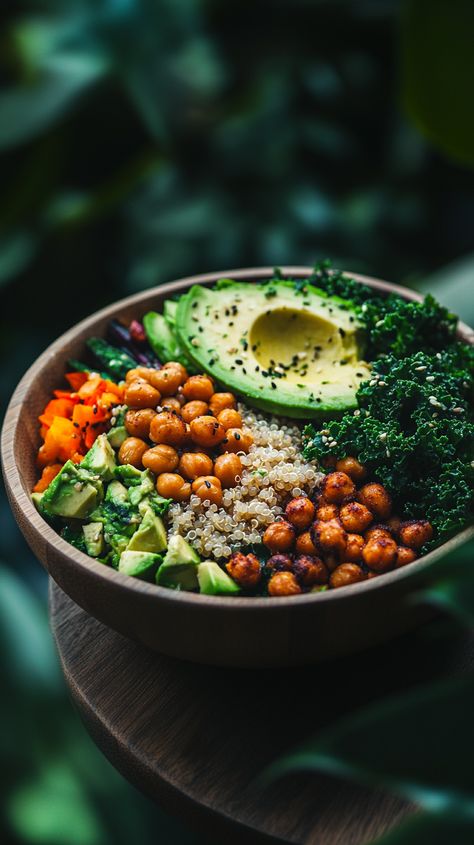 ✨ Discover the beauty of a Vibrant Vegan Buddha Bowl! 🌿 Filled with colorful quinoa, roasted chickpeas, kale, creamy avocado, and fresh veggies, this artful arrangement in a rustic bamboo bowl celebrates nourishing ingredients. 🍴 Captured in natural light, the textures and colors pop, creating a feast for the eyes! 🥗 Perfect for a healthy meal that looks as good as it tastes. Enjoy the warmth of nature-inspired backgrounds while indulging in this wholesome delight! 🌈 Vegan Vision Board, Veggie Poke Bowl, Cava Bowl Aesthetic, Raw Veggie Recipes, Plant Based Aesthetic, Superfood Meals, Vegan Aesthetic, Health Soup, Bamboo Bowl