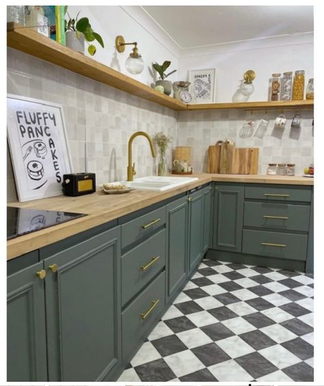 Dark Green Kitchen Ideas, Green Kitchen Cupboards, Kitchen Cupboard Paint, Tile Effect Vinyl Flooring, Green Kitchen Ideas, Dark Green Kitchen, Cupboard Paint, Kitchen Cupboards Paint, Topps Tiles