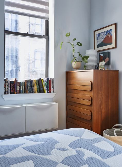 Studio Apartment Dresser, Tall Dresser Next To Bed, Styling Tall Dresser, Bookcase As Nightstand, Bedrooms With One Nightstand, Eclectic Minimalist Bedroom, Nyc Bedroom Ideas, Apt Bed, Tall Dresser Styling