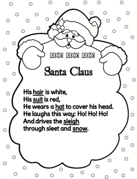 Enjoy Teaching English: SANTA CLAUS (poem) Christmas Poem For Kids, Santa Songs For Preschool, Short Christmas Poems For Kids, Winter Poems For Kids, Xmas Poems, Santa Songs, Preschool Christmas Songs, Preschool Poems, Xmas Songs