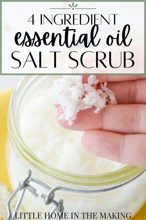 Spa Salt Scrub, How To Make Salt Scrub Recipes, Salt Scrub Recipe Essential Oils, Salt Scrubs Homemade, Epsom Salt Hand Scrub Diy, Salt Hand Scrub Diy Recipes, Salt Scrubs With Essential Oils Easy Diy, Sea Salt Scrubs With Essential Oils, Diy Body Scrub Epsom Salt