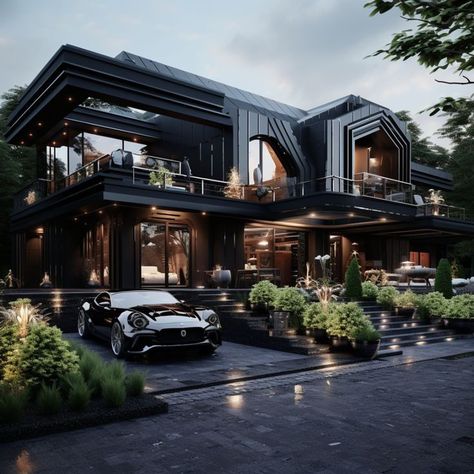 Mansion Black Aesthetic, Black Modern House Exterior Luxury, Fantasy Modern House, Black Modern Mansion Exterior, Black Mansions Luxury, Black Mansion Aesthetic, Black Mansion Exterior, Beautiful Mansions Luxury Dream Houses, Black Luxury House Exterior