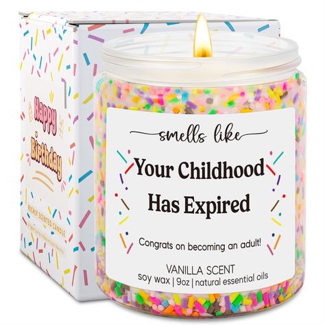 PRICES MAY VARY. 18th birthday gifts for girls & boys: With its humorous message “Smells like your childhood has expired; Congrats on becoming an adult,” our candle is a thoughtful and funny choice that expresses your heartfelt wishes and congratulations for anyone turning 18; Suitable for daughters, sons, granddaughters, grandsons, best friends, sisters, nieces, or anyone with a sense of humor, it’s a fun way to celebrate entering adulthood A must-have for 18th birthday celebrations: Bring humo Niece 18th Birthday Gift, Daughter 18th Birthday Gift Ideas, Unique 18th Birthday Gifts, Funny 18th Birthday Gifts, 18th Bday Gifts, 21st Birthday Gifts For Daughter, 18th Birthday Gifts Ideas, 18th Birthday Gifts For Daughter, 18th Birthday Decorations For Boys