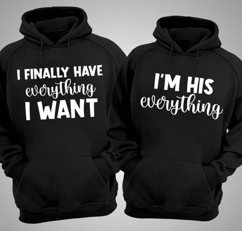 I Finally Have Everything I Want, I’m His Everything, Matching Couples, Couples, Cute Couples, Cute Matching Couples 8 oz 50/50 cotton/poly Air jet yarn creates a smooth, low-pill surface Double needle stitching; Pouch pocket; Unisex sizing Decoration type: Digital Print Made by Gildan Size Chart Couple Hoodies Relationships, Couples Hoodies Ideas, Cute Black Couples Matching Outfits, Matching Couple Things, Matching Outfits Couples, Cute Couple Hoodies, His And Hers Hoodies, Matching Couple Hoodies, Outfit For Couples