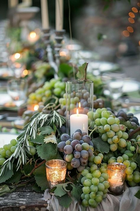 Olive Green Table Runner Wedding, Olive Leaf Centerpiece Wedding, Grape Vines Decor Ideas, Grapes On Wedding Table, Olive Theme Wedding Table Settings, Grape Centerpiece Wedding, Vineyard Table Decor, Tuscan Centerpiece Ideas, Olive Table Decoration