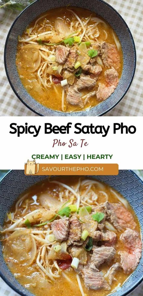 Spicy beef satay pho (Pho Sa Te) is a delightful spin on pho! It's creamy, spicy, hearty, perfect for a chilly day and, best of all, a breeze to prepare compared to the traditional pho. Beef Noodle Recipes, Beef Pho Soup Recipe, Beef Satay Recipe, Spicy Pho, Veggie Pho, Recipes Vietnamese, Pho Soup Recipe, Flat Rice Noodles, Pho Beef