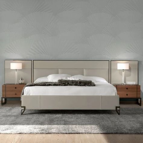 London Collection Modern Low Leather Upholstered Bed With Wide Headboard Wide Headboard, Low Headboard, Leather Upholstered Bed, Floor Bed Frame, Upholstery Bed, Leather Headboard, Luxury Contemporary, Floor Bed, Bedroom Bed Design