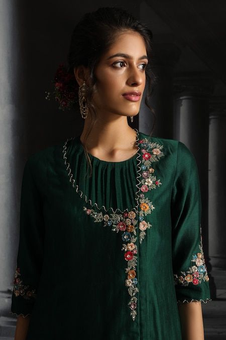 Green Dress With Jacket, Angrakha Style, Emerald Green Dress, Dress With Jacket, Kurti Embroidery Design, Emerald Green Dresses, Kurta Neck Design, Dress Neck Designs, Kurti Neck Designs