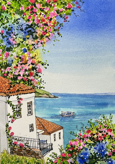 Watercolor Landscape Paintings Easy, Spring Season Drawing, Easy Scenery Drawing, Greek Paintings, Book Art Projects, Watercolor House Painting, Modern Art Canvas Painting, Learn Watercolor Painting, Watercolor Pictures