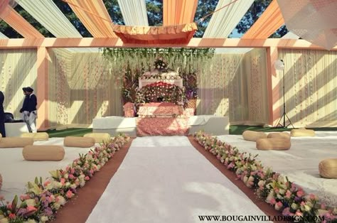 Decor for Anand Karaj Ceremony; Bougainvilla Designs Gurudwara Decoration Wedding, Gurdwara Decor Wedding, Gurudwara Decoration, Gurdwara Decor, Anand Karaj Decor, Outdoor Wedding Setup, Sikh Wedding Decor, Punjabi Wedding Decor, Farm Wedding Venues