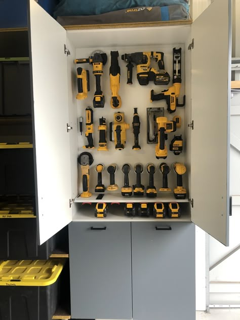 Dewalt Tool Storage Garage, Power Tool Wall Storage, Cordless Tool Storage Plans, Dewalt Garage, Wooden Wall Tool Storage, Diy Cordless Tool Storage, Dewalt Tool Storage, Power Tool Storage Ideas, Tool Storage Screwdrivers