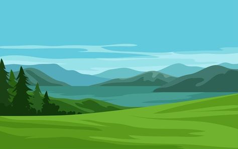 Mountain Valley Drawing, Vector Scenery Illustrations, Scenery Vector Illustration, Mountain Background Illustration, Landscape Vector Art, Flat Landscape Illustration, Vector Illustration Background, Flat Design Illustration Landscape, Scenery Background Landscapes