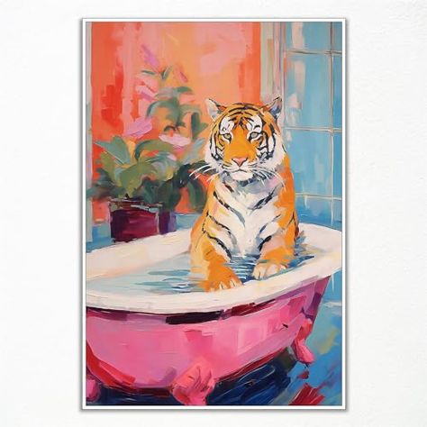 Aesthetic Tiger, Kitsch Aesthetic, Maximalist Bathroom, Preppy Wall Art, Tiger Poster, Dopamine Decor, Wall Art Trendy, Trendy Decor, Bathroom Wall Art