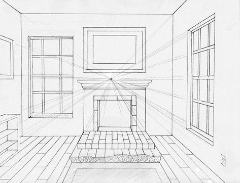 Living Room One Point Perspective, Room One Point Perspective, One Perspective Drawing, One Point Perspective Room, Room Perspective Drawing, Window Drawings, Bedroom Architecture, Interior Fireplace, Perspective Room